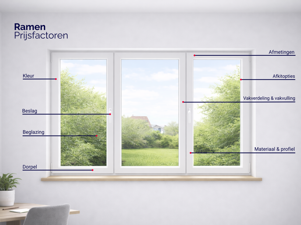 Overzicht van prijsfactoren bij aluminium ramen zoals afmetingen, kleur, beglazing, beslag en profiel